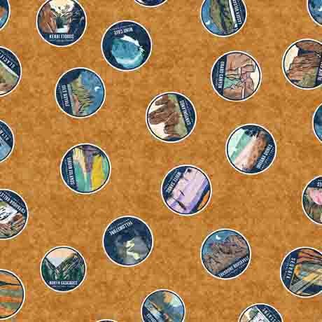 Image of the On the Road Again National Park Medallions Pumpkin quilting cotton fabric by Moda Fabrics. Features circular pictures of national parks on a dark orange background.
Cute Little Fabric Shop
