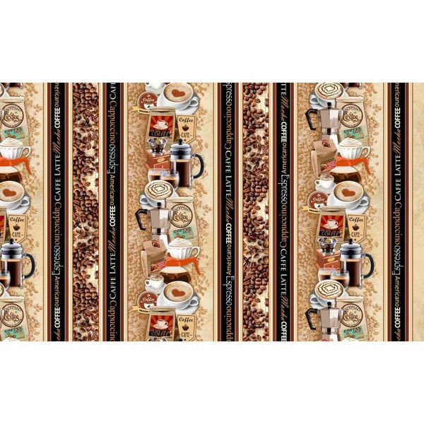 Image of the Espresso Yourself Java Joy Stripe Latte quilting cotton fabric by Michael Miller. Features striped coffee drinks on a cream background. 
Cute Little Fabric Shop