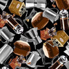 Image of the Espresso Yourself Coffee Breing quilting cotton fabric by Michael Miller. Features coffee makers and french presses on a brown background. 
Cute Little Fabric Shop