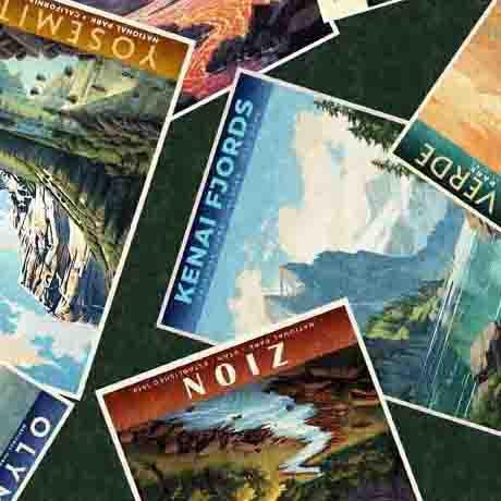 Image of the On the Road Again National Park Postcards Forest quilting cotton fabric by Moda Fabrics. Features pictures of national parks on a green background.
Cute Little Fabric Shop