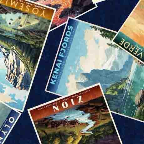 Image of the On the Road Again National Park Postcards Navy quilting cotton fabric by Moda Fabrics. Features pictures of national parks on a navy blue background.
Cute Little Fabric Shop