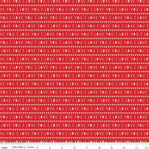 Image of the Sweetheart I Love You Red quilting cotton fabric by My Minds Eye for Riley Blake Designs. Features striped I Love You words on a red background.
Cute Little Fabric Shop