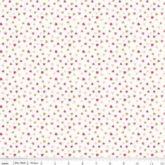 Image of the Sweetheart Heart Toss Cream Sparkle quilting cotton fabric by My Minds Eye for Riley Blake Designs. Features small scattered hearts on a cream background.
Cute Little Fabric Shop
