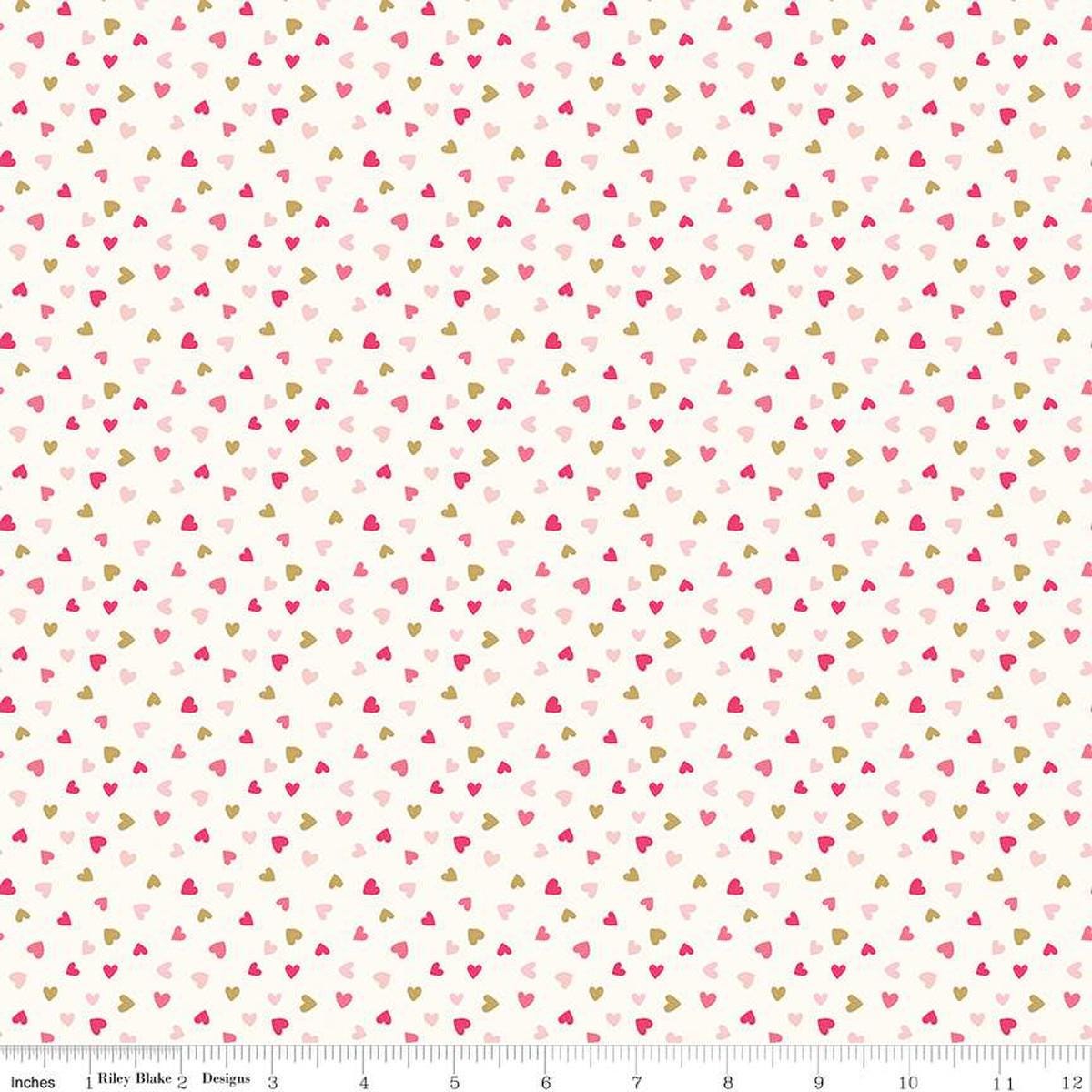 Image of the Sweetheart Heart Toss Cream Sparkle quilting cotton fabric by My Minds Eye for Riley Blake Designs. Features small scattered hearts on a cream background.
Cute Little Fabric Shop