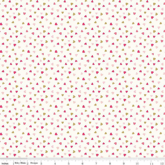 Image of the Sweetheart Heart Toss Cream Sparkle quilting cotton fabric by My Minds Eye for Riley Blake Designs. Features small scattered hearts on a cream background.
Cute Little Fabric Shop