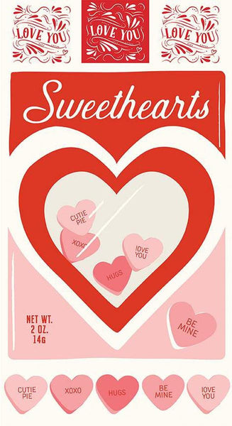 Image of the Sweetheart Sweethearts Panel quilting cotton fabric by My Mind&#39;s Eye for Riley Blake Designs. Features hearts and conversation hearts. 
Cute Little Fabric Shop