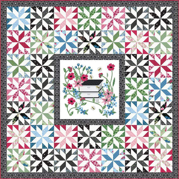 Image of the Wild Honey Quilt Pattern by Jillily Studio for Riley Blake Designs. Features a star block pattern on a white background with a black border. 
Cute Little Fabric Shop