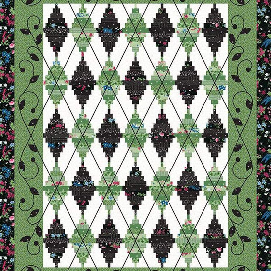 Image of the Argyle Avenue Quilt Pattern by Jillily Studio for Riley Blake Designs. Features an argyle leaf pattern on a white background with a black and green border. 
Cute Little Fabric Shop