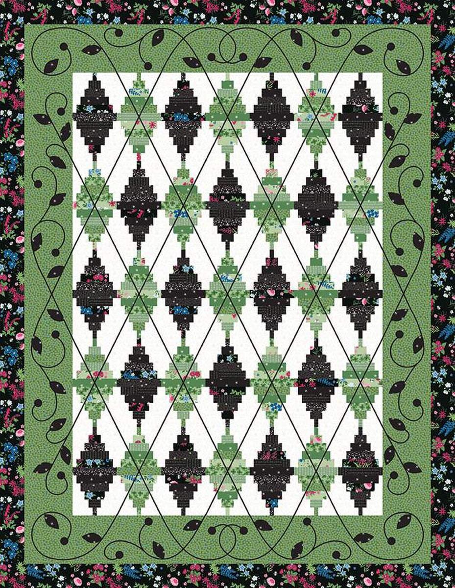 Image of the Argyle Avenue Quilt Pattern by Jillily Studio for Riley Blake Designs. Features an argyle leaf pattern on a white background with a black and green border. 
Cute Little Fabric Shop