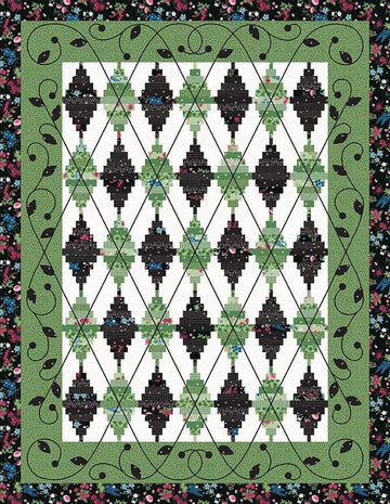 Image of the Argyle Avenue Quilt Pattern by Jillily Studio for Riley Blake Designs. Features an argyle leaf pattern on a white background with a black and green border. 
Cute Little Fabric Shop