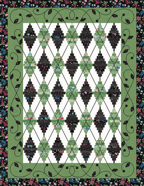 Image of the Argyle Avenue Quilt Pattern by Jillily Studio for Riley Blake Designs. Features an argyle leaf pattern on a white background with a black and green border. 
Cute Little Fabric Shop