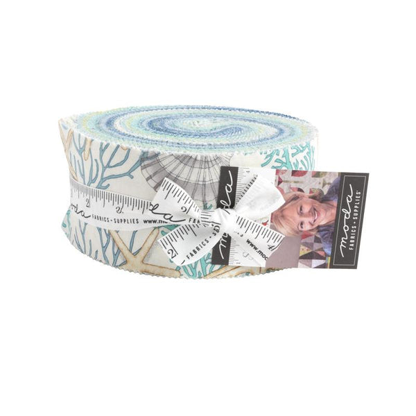 Image of the Serena Shores jelly roll by Robin Pickens for Moda Fabrics. Features sea and ocean themed fabrics. 
Cute Little Fabric Shop