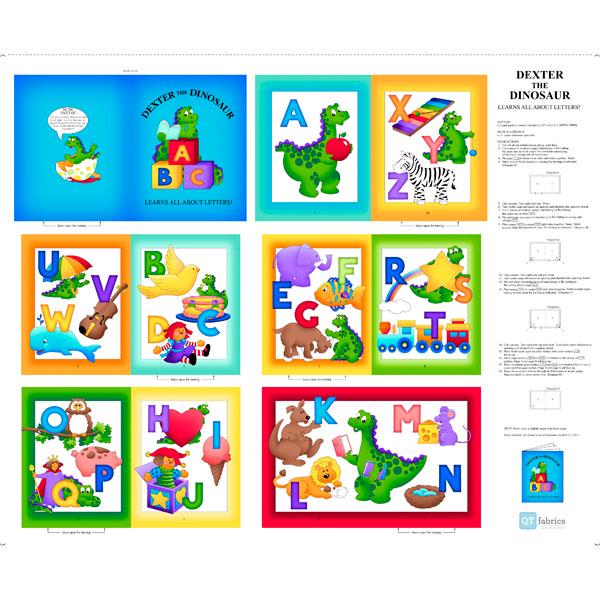 Image of the Fabric Books Dexter The Dinosaur Learn All About Letters Panel by QT Fabrics. Features examples of letters on a panel to make a fabric book. 
Cute Little Fabric Shop