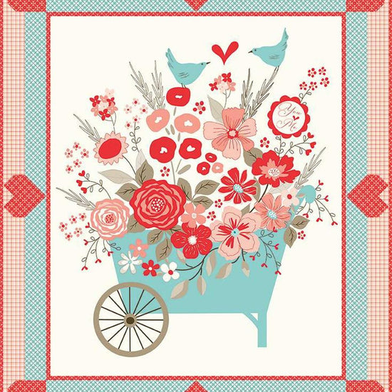 Image of the You & Me Panel Quilt Boxed Kit by Sandy Gervais for Riley Blake Designs. Features birds in a wagon with valentines day fabrics. 
Cute Little Fabric Shop