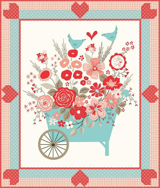 Image of the You & Me Panel Quilt Boxed Kit by Sandy Gervais for Riley Blake Designs. Features birds in a wagon with valentines day fabrics. 
Cute Little Fabric Shop