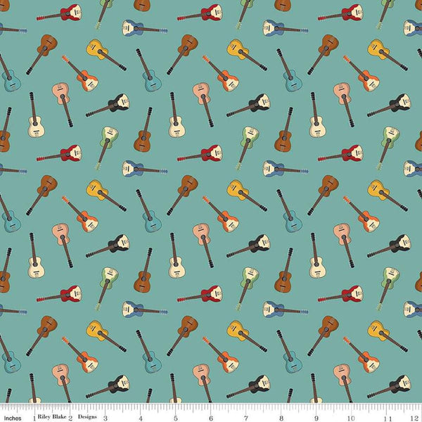 Image of the Cowboys Guitars Teal quilting cotton fabric by Echo Park Paper Co for Riley Blake Designs. Features tossed guitars on a teal blue background.
Cute Little Fabric Shop