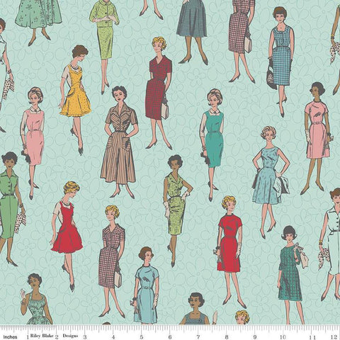 Image of the My Happy Place Home Décor Vintage Ladies Songbird quilting canvas cotton by Lori Holt for Riley Blake Designs. Features women on an aqua background. 
Cute Little Fabric Shop