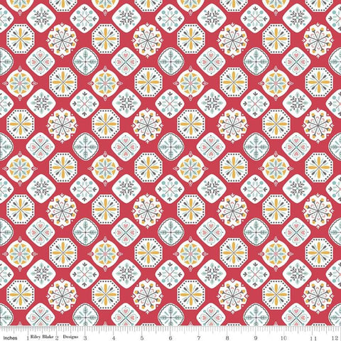 Image of the My Happy Place Home Décor Applique Cayenne quilting canvas cotton by Lori Holt for Riley Blake Designs. Features quilt block patterns on a red background. 
Cute Little Fabric Shop