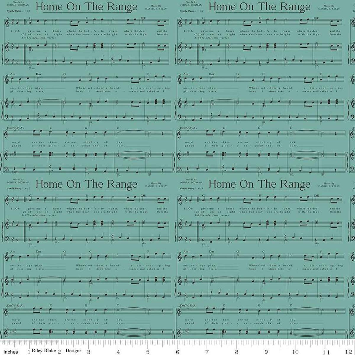 Image of the Cowboys Music Teal quilting cotton fabric by Echo Park Paper Co for Riley Blake Designs. Features the sheet music for Home on the Range on a teal blue background.
Cute Little Fabric Shop