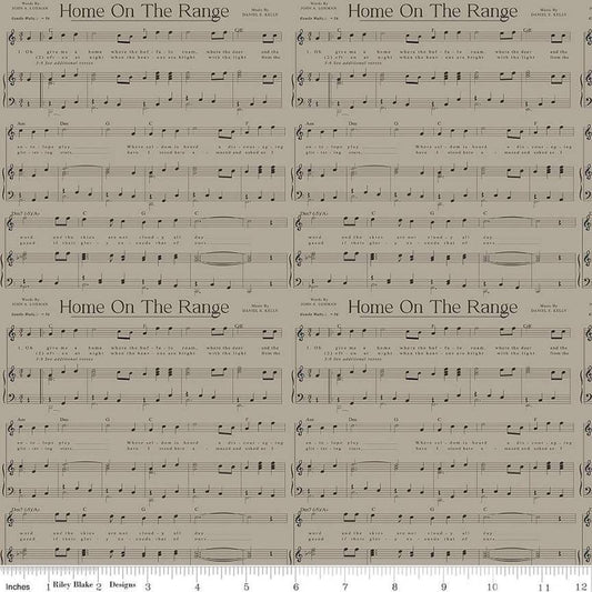Image of the Cowboys Music Khaki quilting cotton fabric by Echo Park Paper Co for Riley Blake Designs. Features the sheet music for Home on the Range on a tan gray background.
Cute Little Fabric Shop