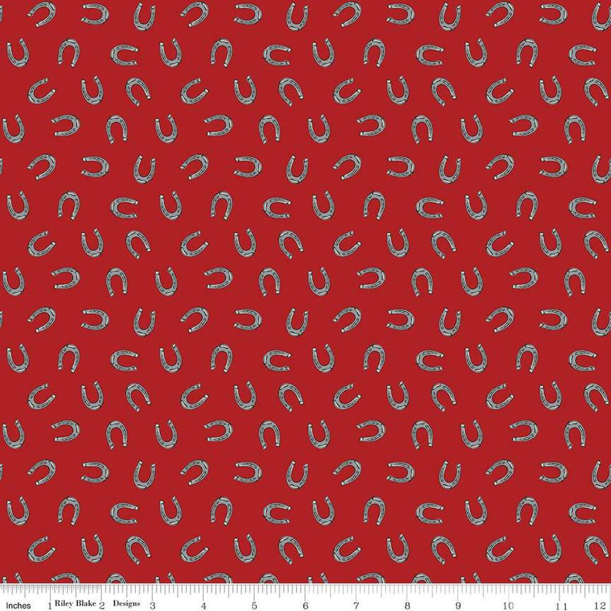 Image of the Cowboys Horseshoes Barn Red quilting cotton fabric by Echo Park Paper Co for Riley Blake Designs. Features horseshoes on a dark red background.
Cute Little Fabric Shop
