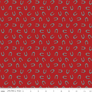 Image of the Cowboys Horseshoes Barn Red quilting cotton fabric by Echo Park Paper Co for Riley Blake Designs. Features horseshoes on a dark red background.
Cute Little Fabric Shop