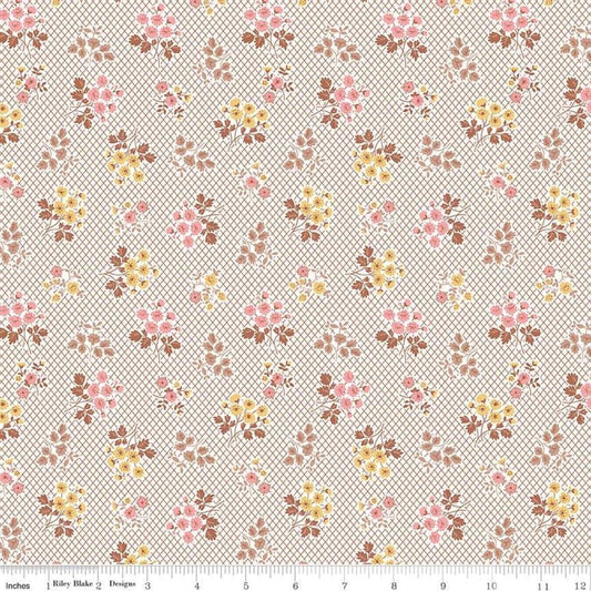 Image of the Granny Chic Bouquet Brown quilting cotton fabric by Lori Holt by Riley Blake Designs. Features scattered bouquets of flowers on an white lattice background.
Cute Little Fabric Shop