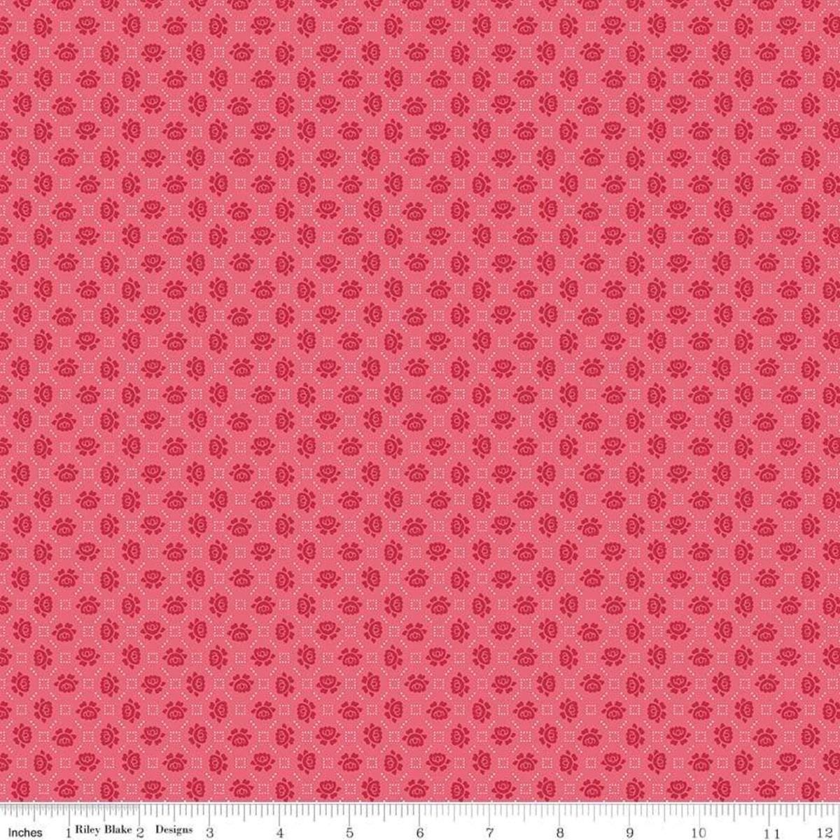 Image of the Granny Chic Needlepoint Pink quilting cotton fabric by Lori Holt for Riley Blake Designs. Features a small scale needlepoint flower pattern on a pink background. 
Cute Little Fabric Shop
