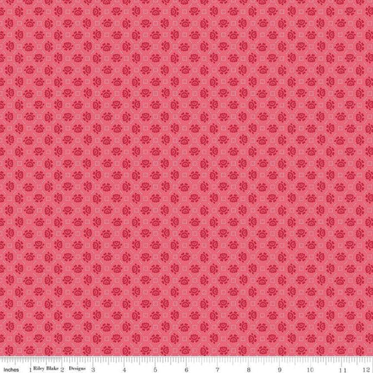 Image of the Granny Chic Needlepoint Pink quilting cotton fabric by Lori Holt for Riley Blake Designs. Features a small scale needlepoint flower pattern on a pink background. 
Cute Little Fabric Shop