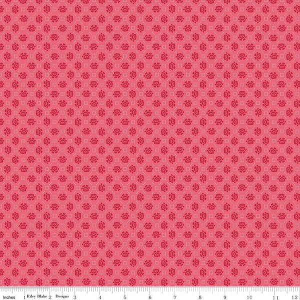 Image of the Granny Chic Needlepoint Pink quilting cotton fabric by Lori Holt for Riley Blake Designs. Features a small scale needlepoint flower pattern on a pink background. 
Cute Little Fabric Shop