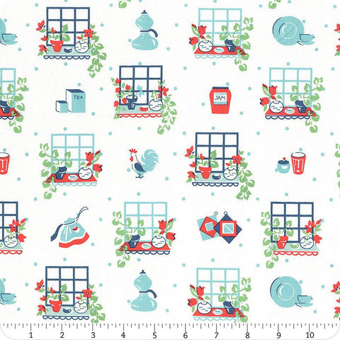 Image of the Cook Book Window Cottage quilting cotton fabric by Lori Holt for Riley Blake Designs. Features windows and tea on a white background. 
Cute Little Fabric Shop