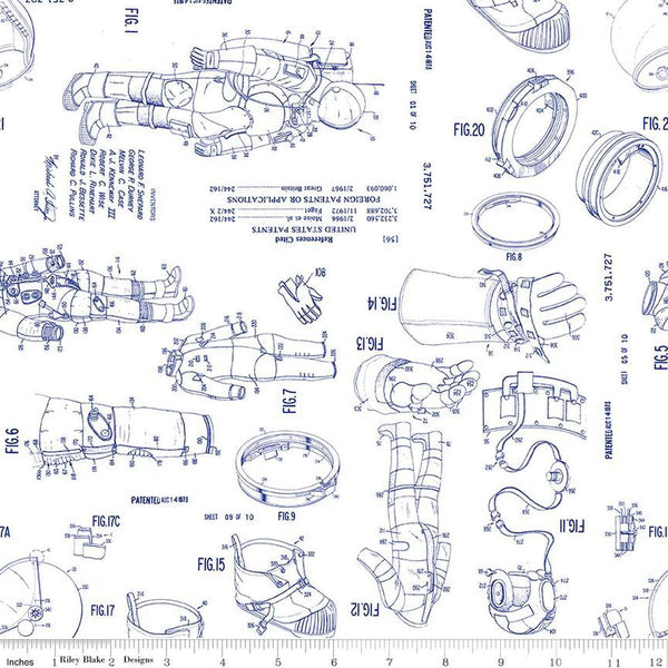 Image of the Outer Space by NASA Spacesuit Patent White quilting cotton fabric by NASA for Riley Blake Designs. Features the illustrated patent patterns on a white background. 
Cute Little Fabric Shop