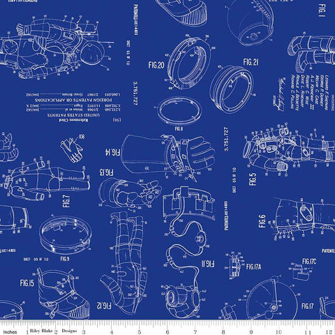 Image of the Outer Space by NASA Spacesuit Patent Blue quilting cotton fabric by NASA for Riley Blake Designs. Features the illustrated patent patterns on a blue background. 
Cute Little Fabric Shop