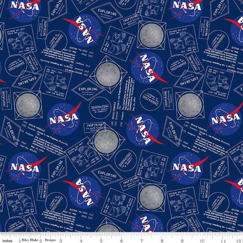 Image of the Outer Space by NASA Moon Boots Navy quilting cotton fabric by NASA for Riley Blake Designs. Features the NASA logo and space-themed illustrations and text on a navy blue background. 
Cute Little Fabric Shop