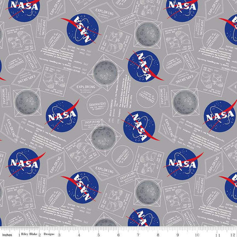 Image of the Outer Space by NASA Moon Boots Gray quilting cotton fabric by NASA for Riley Blake Designs. Features the NASA logo and space-themed illustrations and text on a gray background. 
Cute Little Fabric Shop