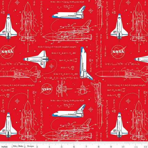 Image of the Outer Space by NASA Rocket Math Red quilting cotton fabric by NASA for Riley Blake Designs. Features the NASA logo and space-themed illustrations, text, and math equations on a red background. 
Cute Little Fabric Shop