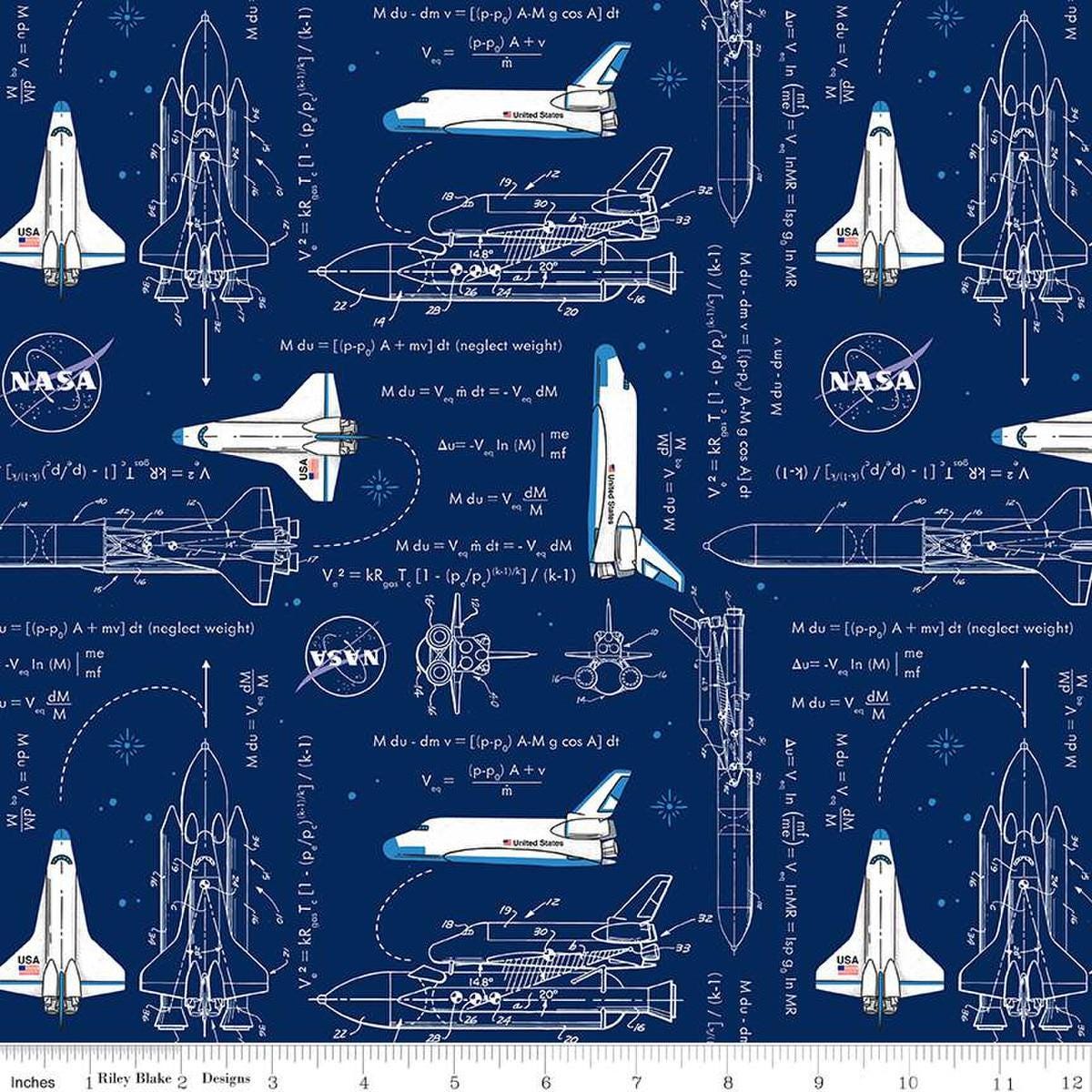 Image of the Outer Space by NASA Rocket Math Navy quilting cotton fabric by NASA for Riley Blake Designs. Features the NASA logo and space-themed illustrations, text, and math equations on a navy blue background. 
Cute Little Fabric Shop