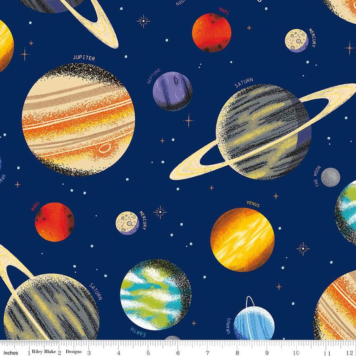 Image of the Outer Space by NASA Main Navy quilting cotton fabric by NASA for Riley Blake Designs. Features the illustrated planets on a navy blue background. 
Cute Little Fabric Shop