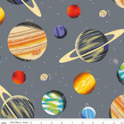 Image of the Outer Space by NASA Main Gray quilting cotton fabric by NASA for Riley Blake Designs. Features the illustrated planets on a gray background. 
Cute Little Fabric Shop