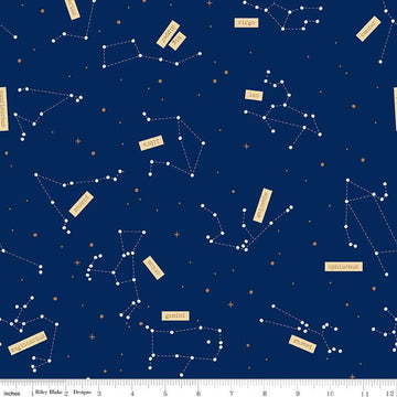 Image of the Outer Space by NASA Constellations Navy quilting cotton fabric by NASA for Riley Blake Designs. Features constellations of stars on a navy blue background. 
Cute Little Fabric Shop