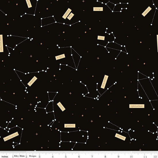 Image of the Outer Space by NASA Constellations Black Glow in the Dark quilting cotton fabric by NASA for Riley Blake Designs. Features stars and constellations on a black background. 
Cute Little Fabric Shop