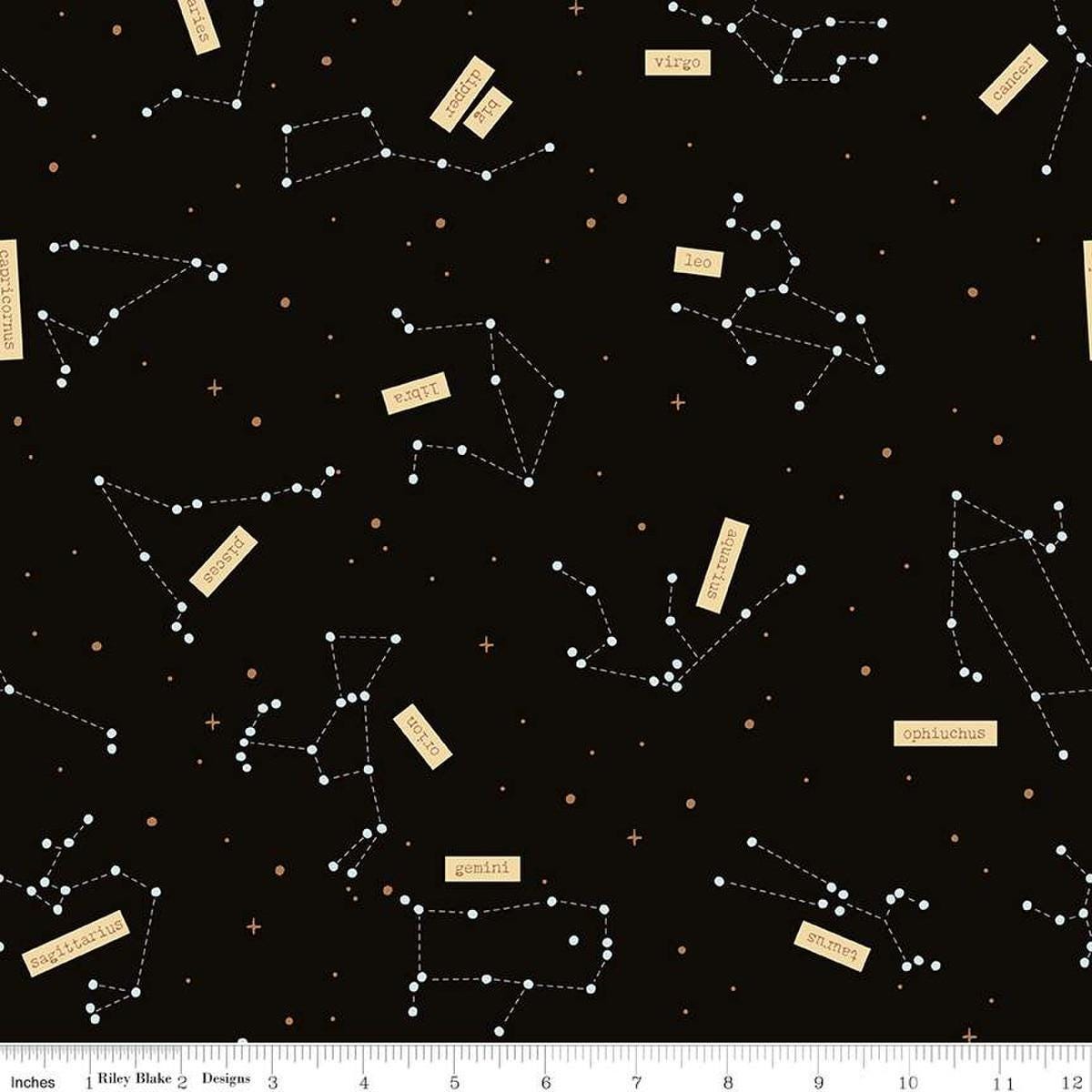 Image of the Outer Space by NASA Constellations Black Glow in the Dark quilting cotton fabric by NASA for Riley Blake Designs. Features stars and constellations on a black background. 
Cute Little Fabric Shop