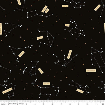 Image of the Outer Space by NASA Constellations Black Glow in the Dark quilting cotton fabric by NASA for Riley Blake Designs. Features stars and constellations on a black background. 
Cute Little Fabric Shop