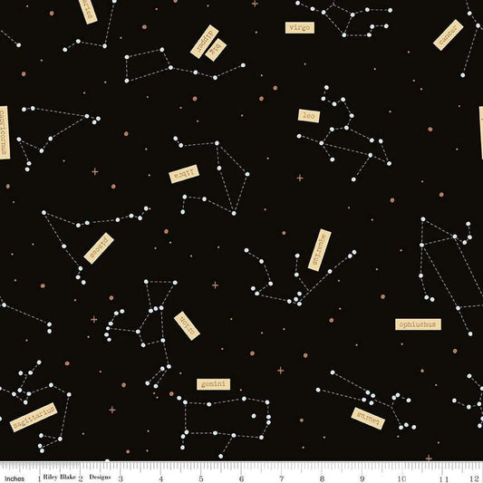 Image of the Outer Space by NASA Constellations Black Glow in the Dark quilting cotton fabric by NASA for Riley Blake Designs. Features stars and constellations on a black background. 
Cute Little Fabric Shop