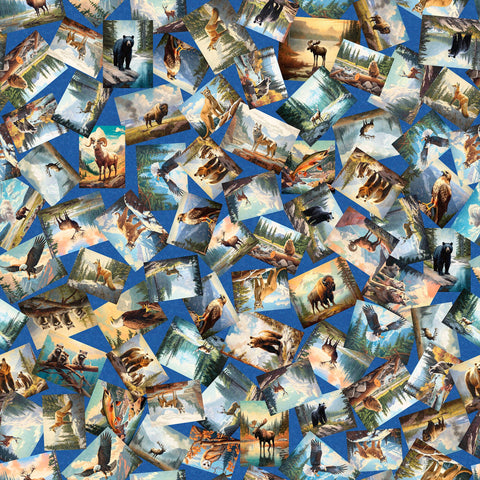 SALE On The Road Again Animal Postcards 30739 Sky B - by QT Fabrics - Forest Animals - Quilting Cotton Fabric