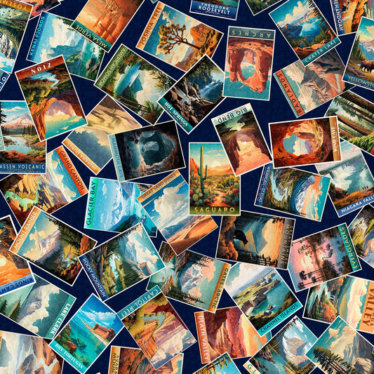 24 Inch End of Bolt Piece On The Road Again National Park Postcards 30738 Navy N- QT Fabrics - Parks Cards Pictures - Quilting Cotton Fabric