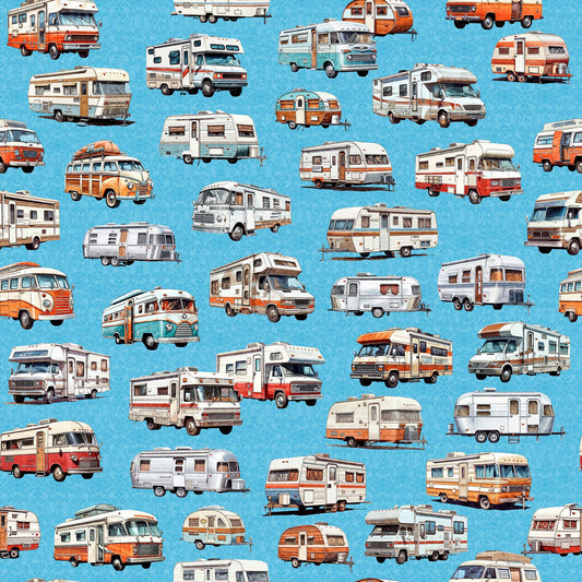 SALE On The Road Again RV's 30740 Blue B - QT Fabrics - Campers Motorhomes Camping Travel - Quilting Cotton Fabric