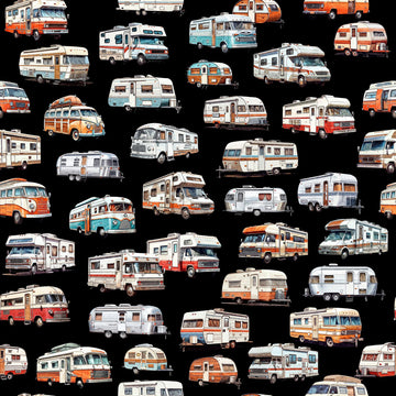 SALE On The Road Again RV's 30740 Black J - QT Fabrics - Campers Motorhomes Camping Travel - Quilting Cotton Fabric