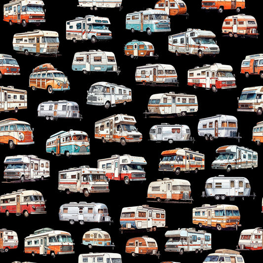 SALE On The Road Again RV's 30740 Black J - QT Fabrics - Campers Motorhomes Camping Travel - Quilting Cotton Fabric