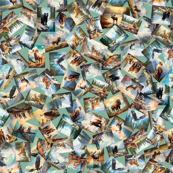 SALE On The Road Again Animal Postcards 30739 Seafoam H - by QT Fabrics - Forest Animals - Quilting Cotton Fabric